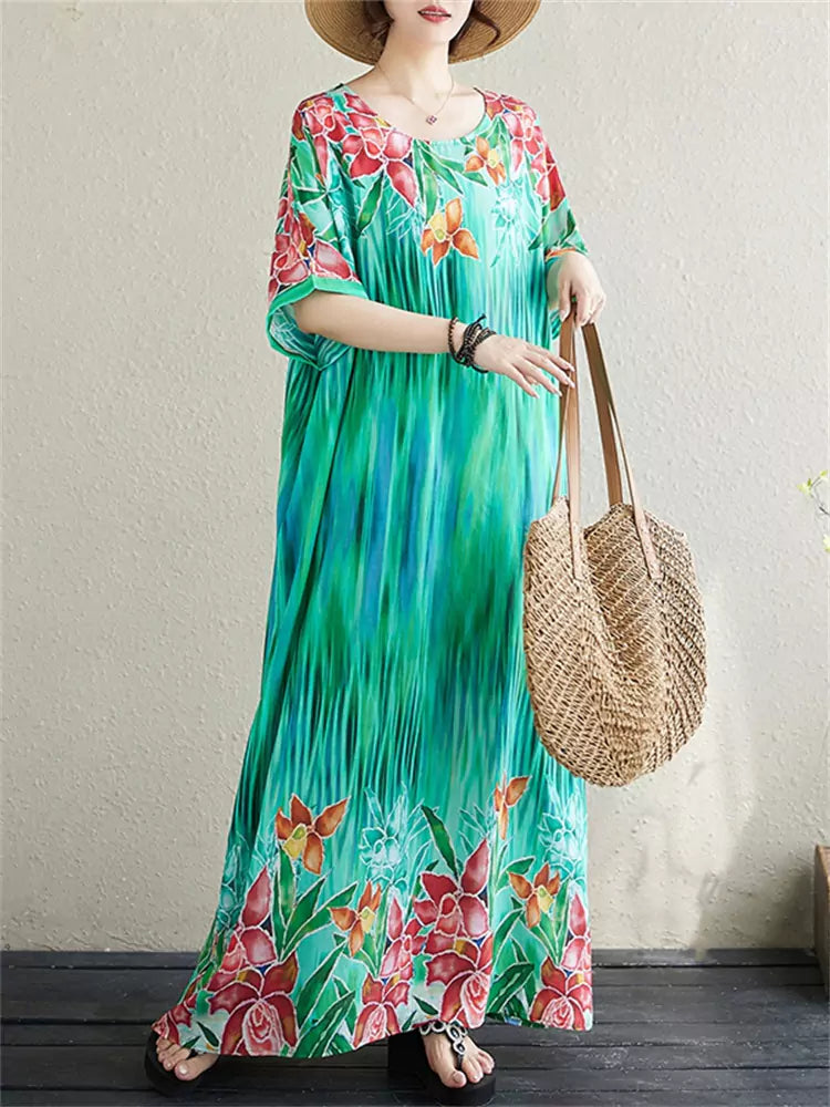 Bohemian Summer Plus Size  Beach Dress with Round Neck Elegant and Artistic Style