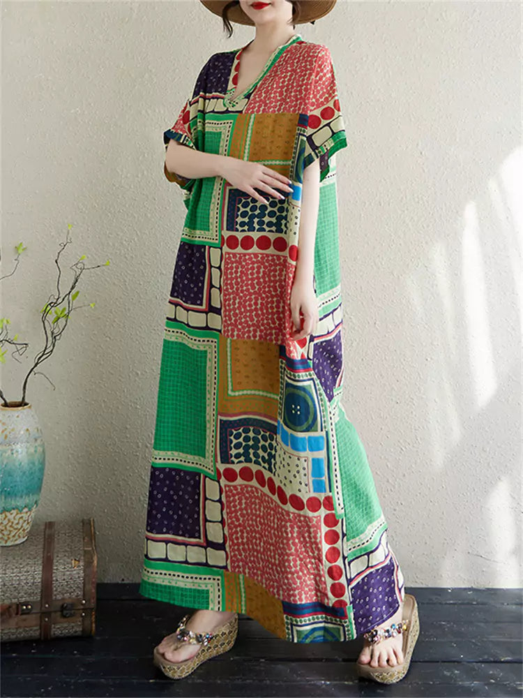 Vintage Maxikleid aus Baumwoll-Leinen-Mischgewebe mit V-Ausschnitt und lockerer Passform im Boho-Stil – perfekt für Strand und Urlaub