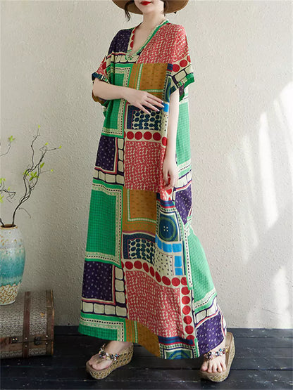 Vintage Maxikleid aus Baumwoll-Leinen-Mischgewebe mit V-Ausschnitt und lockerer Passform im Boho-Stil – perfekt für Strand und Urlaub