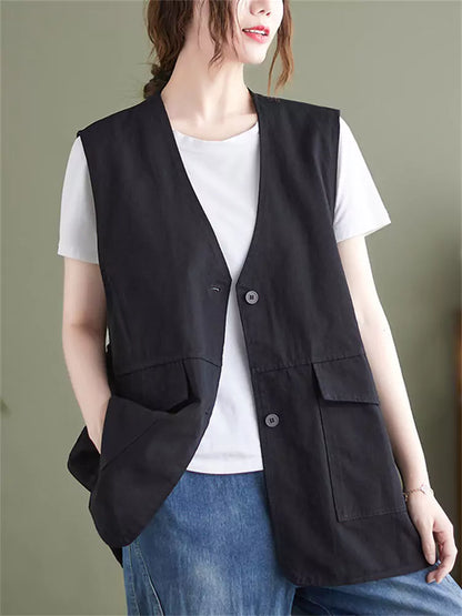 Plus Size Pockets Solid Color Cotton Vest for Women