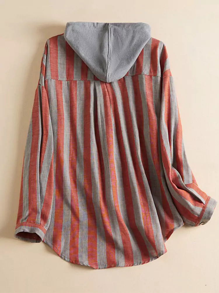 Locker geschnittener, gestreifter Baumwoll-Kapuzenpullover für Damen