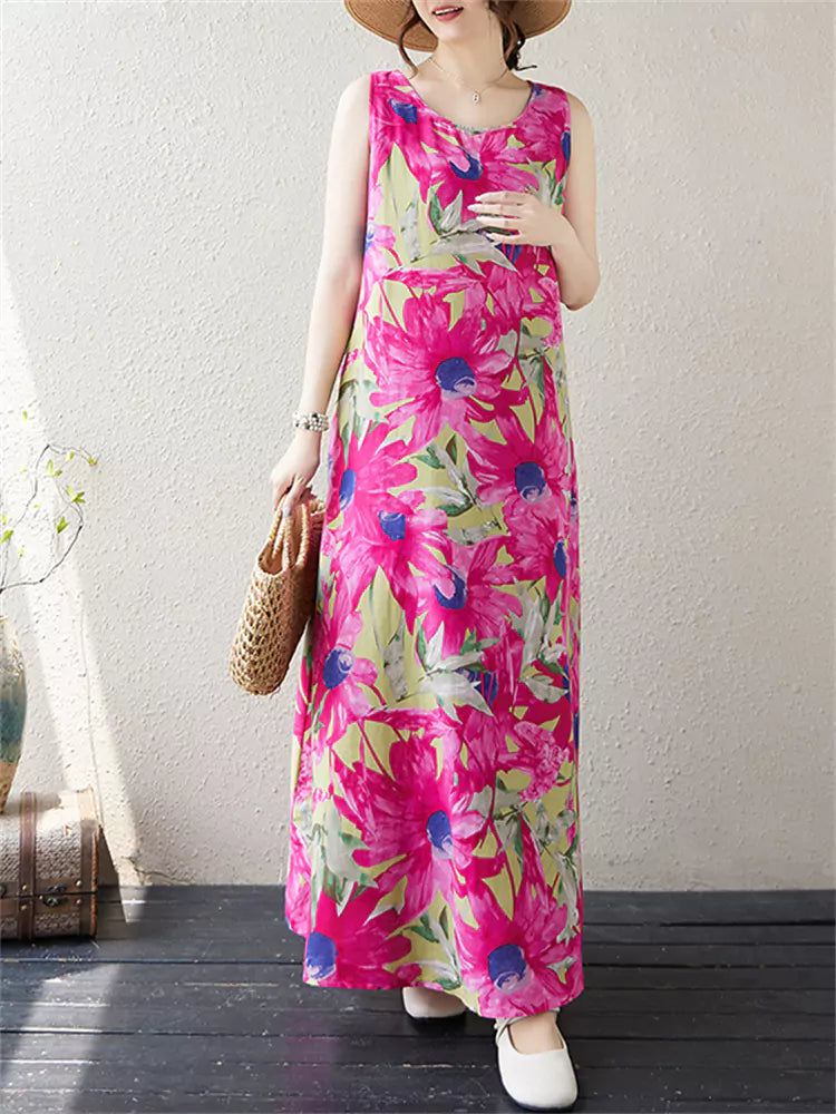 Vestido largo de lino y algodón con estampado floral bohemio de talla grande para mujer sin mangas