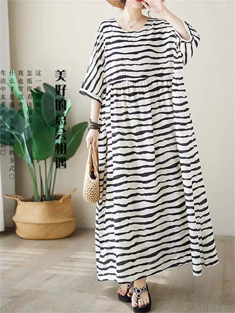 Plus Size Bohemian Striped Cotton Linen Maxi Dress for Women