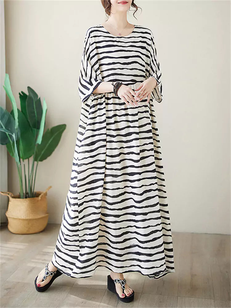 Plus Size Bohemian Striped Cotton Linen Maxi Dress for Women