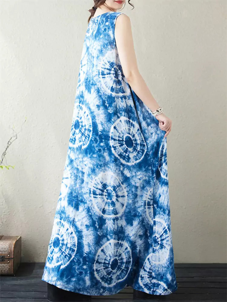 Summer Vacation Plus Size Tie-Dye Blue Sleeveless Maxi Dress