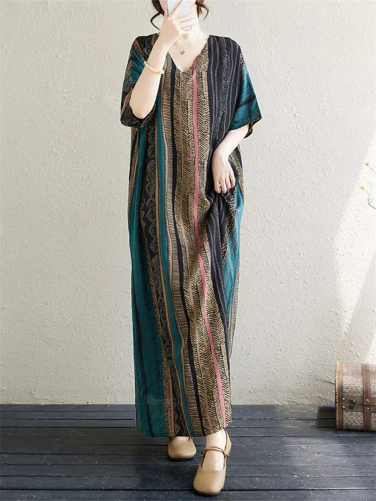 Plus Size V-Neck Vintage Striped Cotton Linen Dress Flattering and Elegant