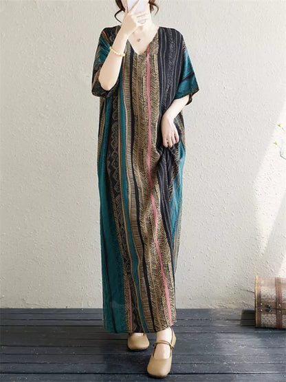 Plus Size V-Neck Vintage Striped Cotton Linen Dress Flattering and Elegant