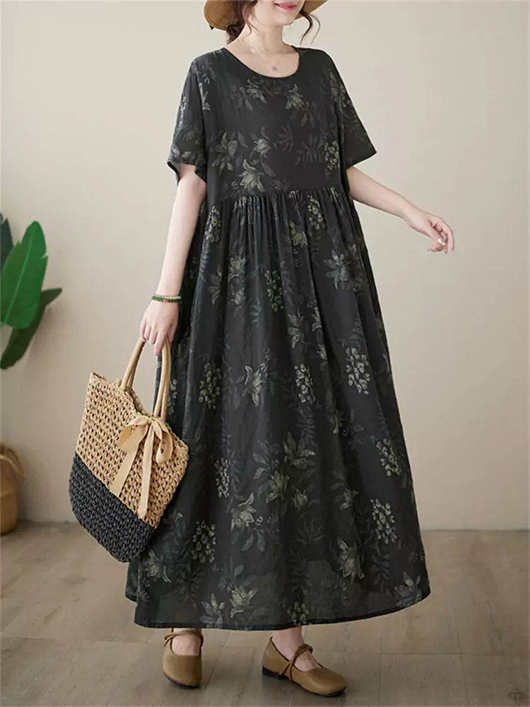 Plus Size Short Sleeve Round Neck Casual Printed Cotton Linen Maxi Dress