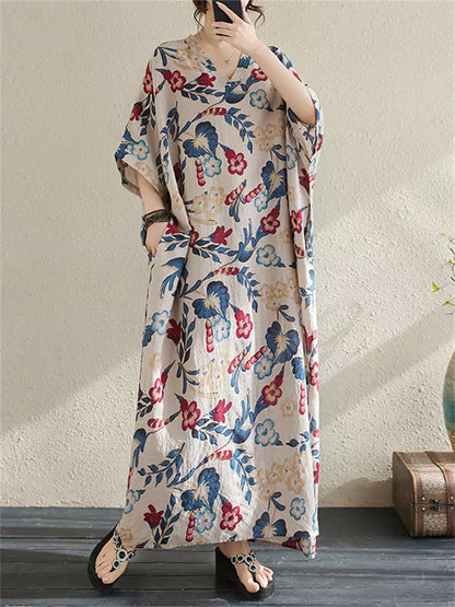 Maxikleid im Boho-Stil mit Blumenmuster aus Baumwoll-Leinen-Mischgewebe in Übergröße für Damen