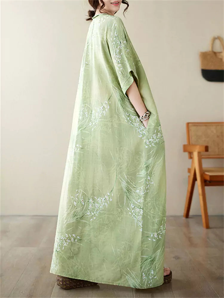 Vestido largo holgado de lino y algodón con cuello en V, estilo vintage vacacional