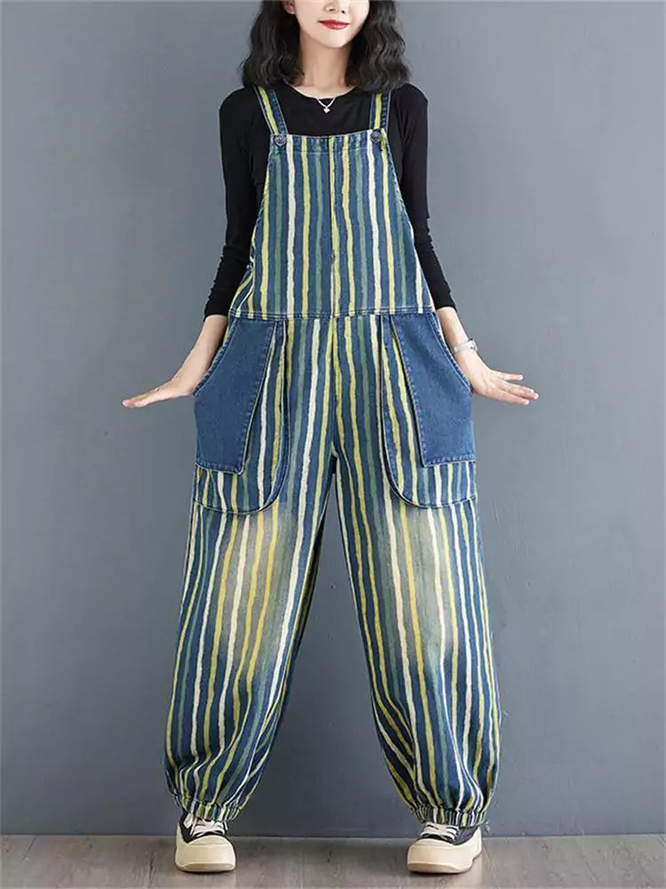 Mono vaquero vintage a rayas de talla grande: corte holgado y estilo informal adelgazante.