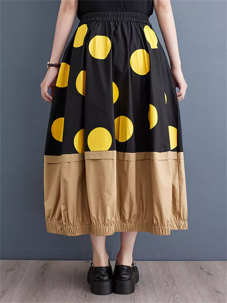 Falda holgada con estampado de lunares amarillos únicos y patchwork