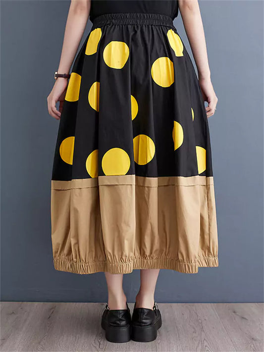Locker geschnittener, einzigartiger gelber Patchwork-Blasenrock mit Polka-Dot-Print