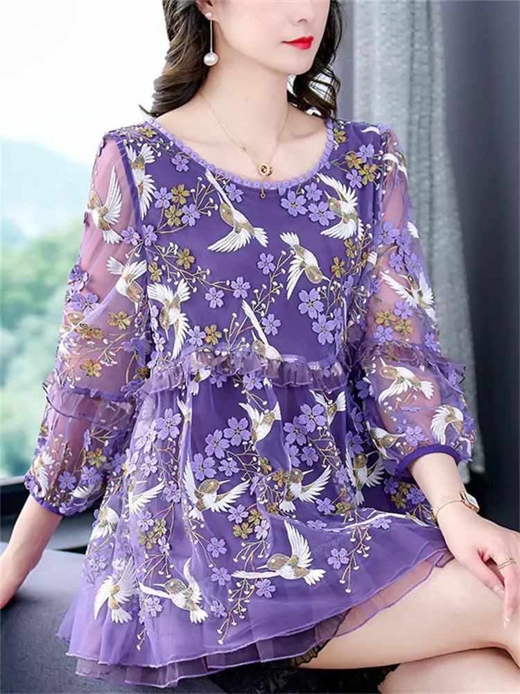 Plus Size Elegant Round Neck Embroidered Lace Blouse for Women
