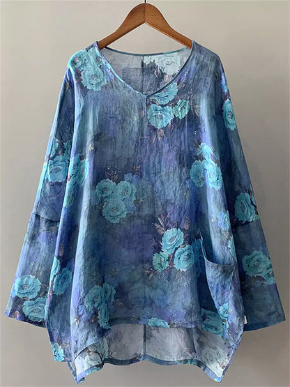 Lässige, langärmelige Ramie-Bluse mit künstlerischem Blumenmuster und V-Ausschnitt für Damen