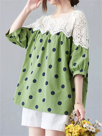Süße, kurzärmelige Bluse im französischen Stil mit Polka-Dot-Spitzenapplikationen