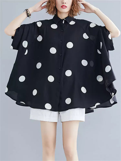 Kurze Chiffonbluse in Übergröße mit Polka-Dots für Damen, kurzärmelig, für Freizeit und Alltag