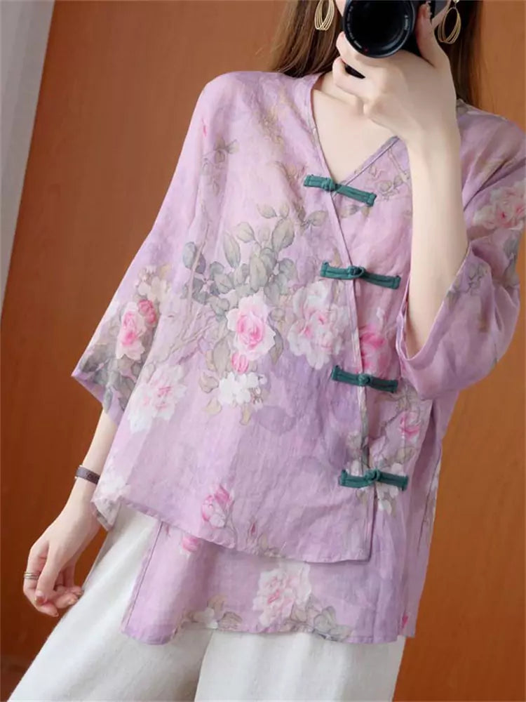 Vintage Chinese Style Floral V-Neck Cotton Linen Asymmetrical Blouse for Women