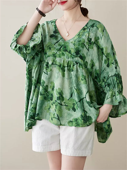 Sommerbluse für Damen aus Leinen mit V-Ausschnitt, Puppenkragen und langen Ärmeln, locker geschnitten, lässig und locker geschnitten