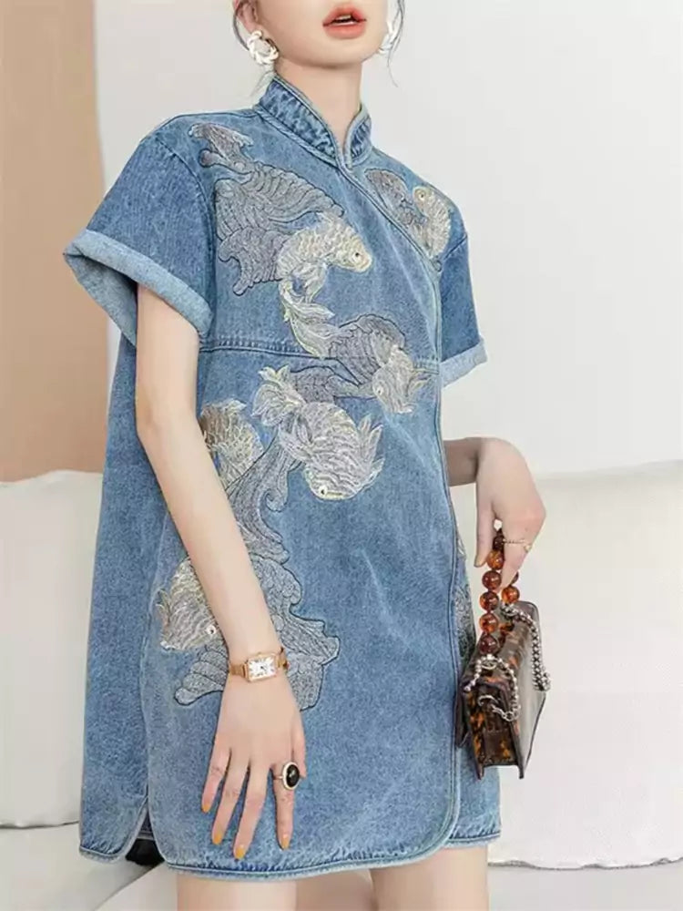 Modern Chinese Style Denim Embroidered Cheongsam with Waist-Cinching Design