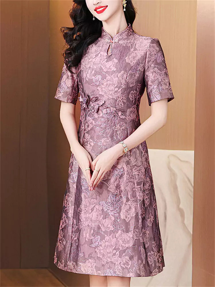 Modern Chinese Style Stand Collar Jacquard Qipao Dress with Waist-Cinching Design