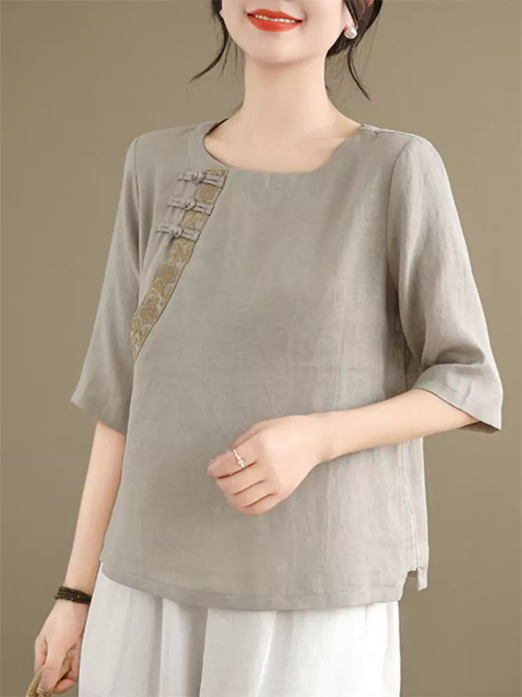 Vintage Chinese Style Short Sleeve Embroidered Linen Blouse for Women with Diagonal Placket and Frog Buttons