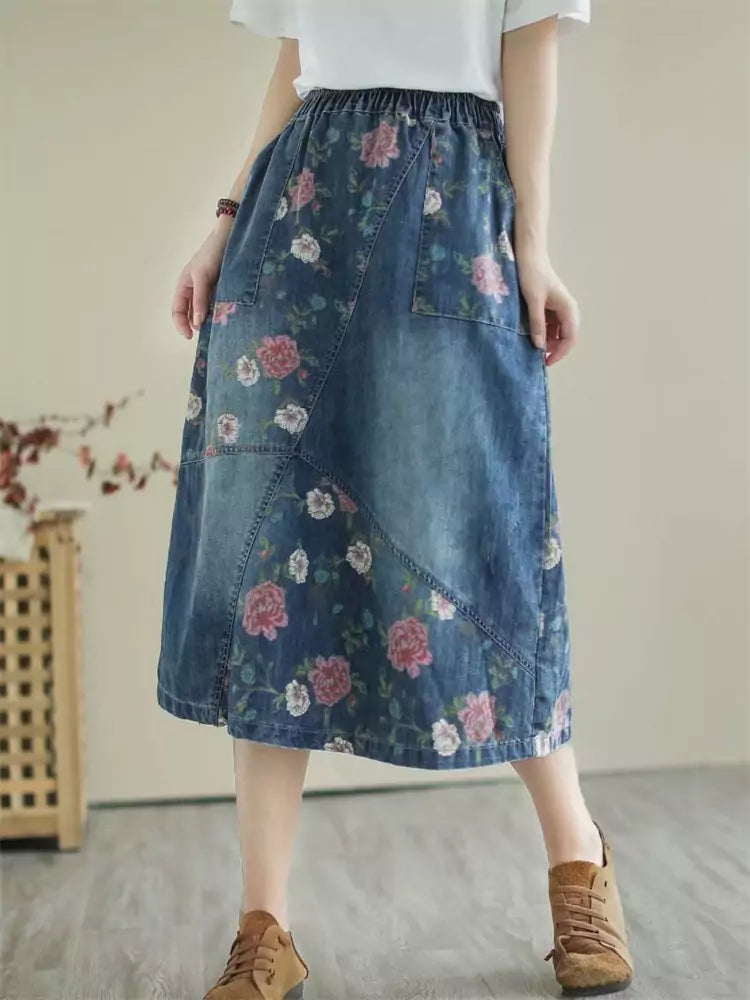 Vintage Loose Casual Printed Patchwork Midi Denim Skirt Elastic Waist