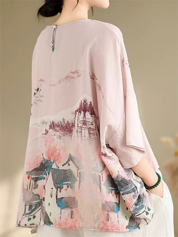 Vintage Artistic Ink Print Loose Fit Batwing Sleeve Blouse for Women
