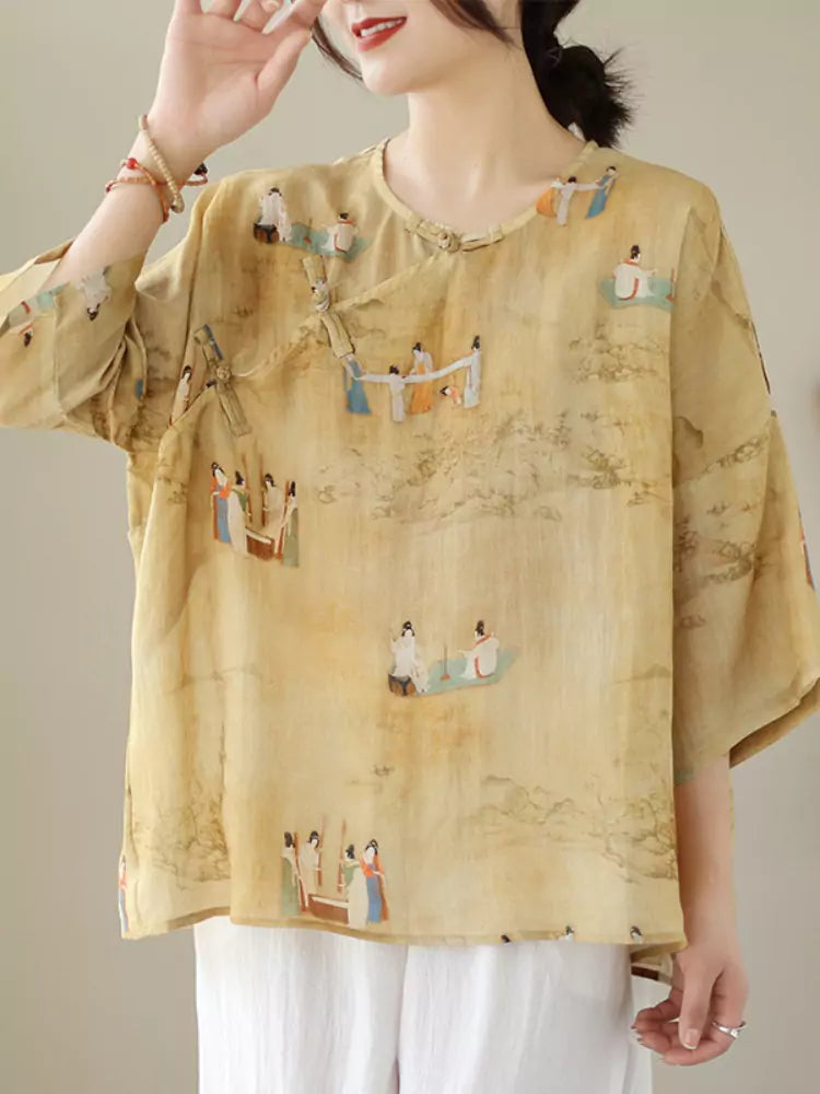 Plus Size Chinese Style Cotton Linen Printed Blouse for Women 3/4 Sleeve with Frog Buttons