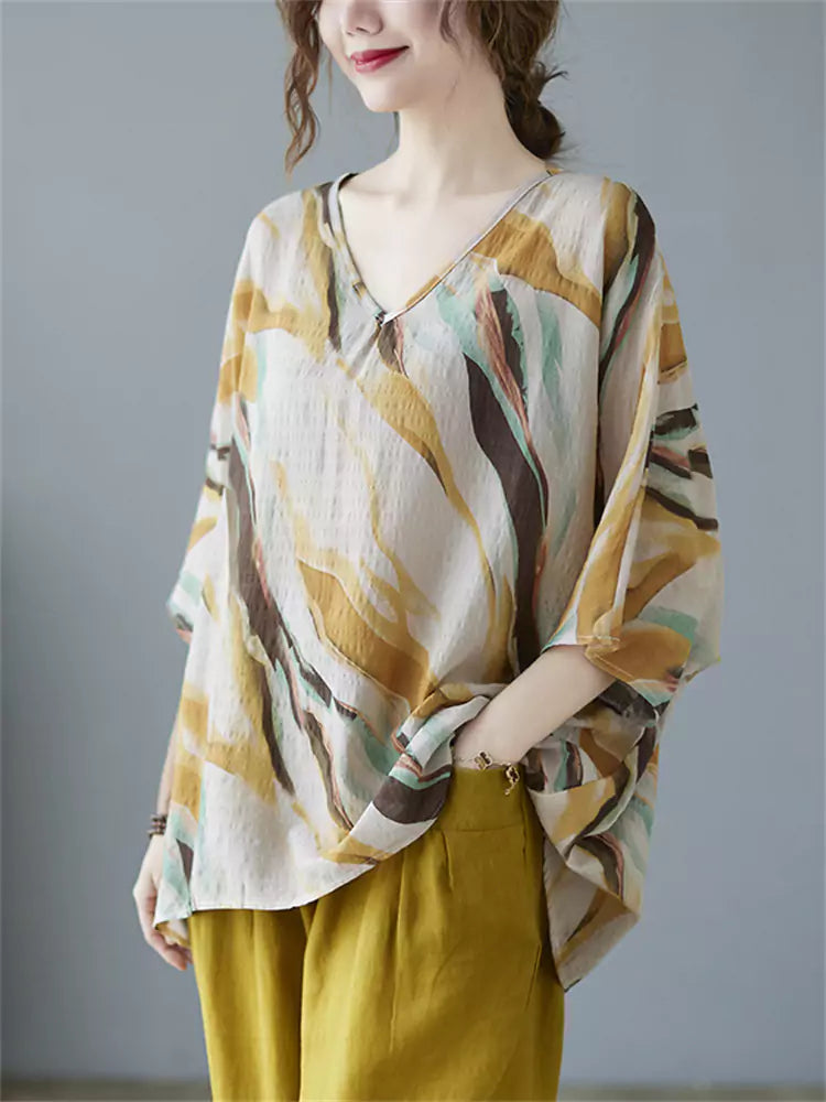 Vintage Floral Print V-Neck Loose Fit Cotton Linen Blouse for Women