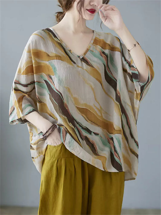 Vintage Floral Print V-Neck Loose Fit Cotton Linen Blouse for Women