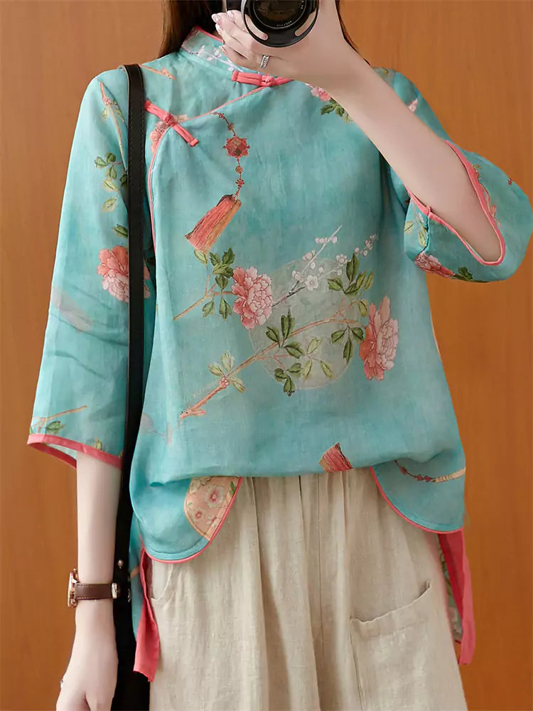 Vintage Plus Size Chinese Style Zen-Inspired Floral Print Ramie Blouse for Women