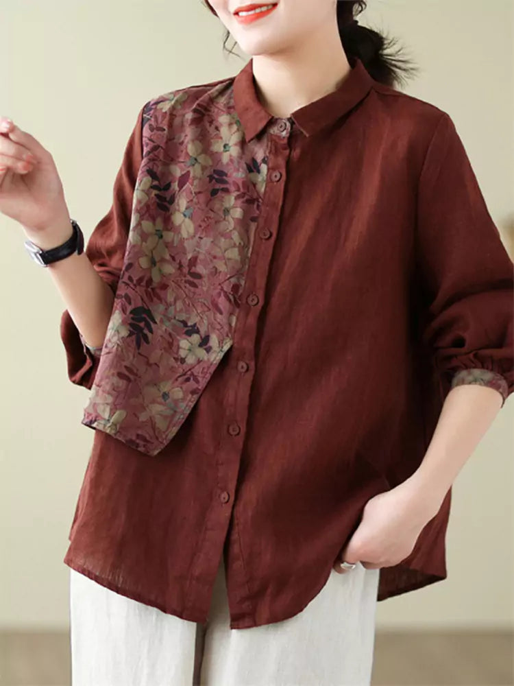 Casual Loose Fit Button Down Cotton Linen Blouse with Printed Patchwork for Women