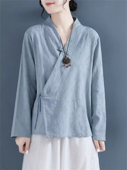 Neue chinesische Baumwoll-Leinen-Bluse im Zen-Stil mit asymmetrischem Knopfverschluss und langen Ärmeln, inspiriert von Zen.