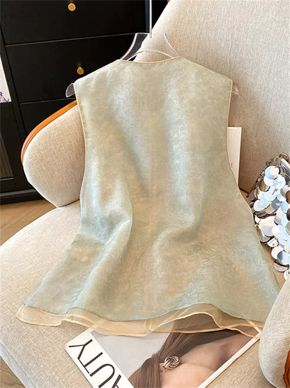 Damenweste im chinesischen Stil aus Seidenjacquard mit Stickerei, Rundhalsausschnitt und Knotenknopfverschluss