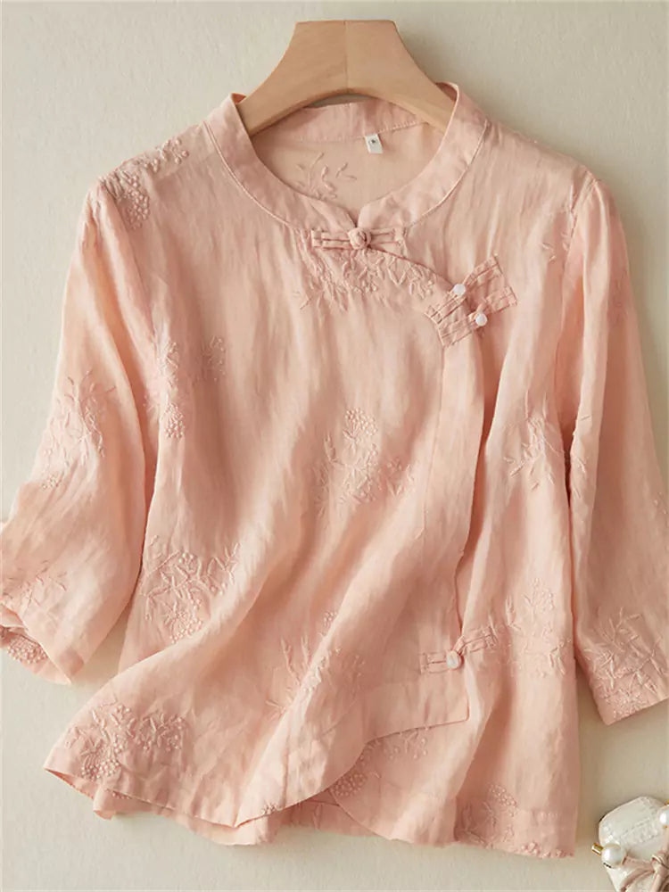 Zen Style Embroidered Cotton Linen Shirt with Knot Buttons (Summer 3/4 Sleeve)