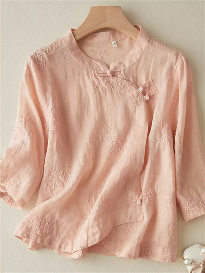 Hemd aus Baumwoll-Leinen-Mischgewebe im Zen-Stil mit Stickerei und Knotenknöpfen (Sommer 3/4-Ärmel)