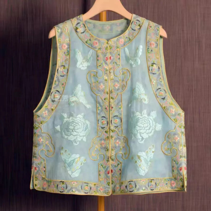 Women's Spring Chinese Style Embroidered Jacquard Vest with Retro Knot Buttons