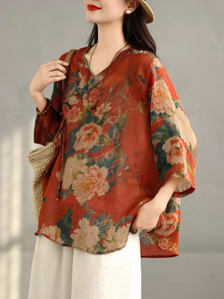 New Chinese Style Printed Oblique Placket Knot Button Linen Blend Blouse V-Neck Half Sleeve