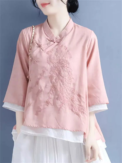 Sommerliche neue Baumwoll-Leinen-Bluse im Zen-Stil mit Stickerei und 3/4-Ärmeln