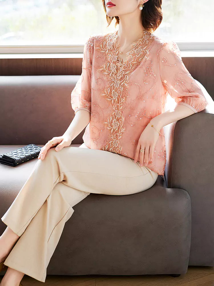 Elegant Half Sleeve Embroidery Lace Floral Chiffon Blouse  for Women