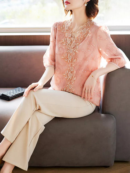 Elegante Chiffonbluse mit halben Ärmeln und Stickereien aus Spitze und Blumenmuster für Damen