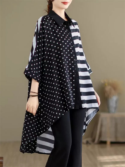 Sommerliches Patchwork-Hemd mit Polka-Dots und Streifen für Damen, Kurzarm, asymmetrischer Saum