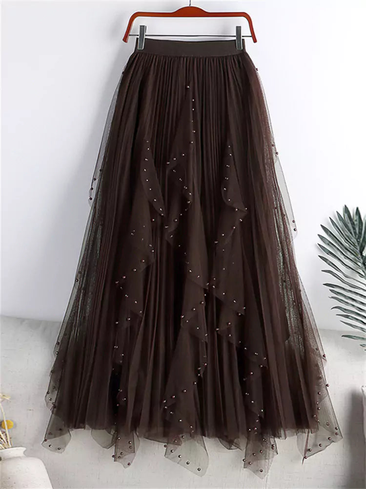 High Waist A-Line Pleated Plus Size Tulle Skirt with Pearl Embellishments