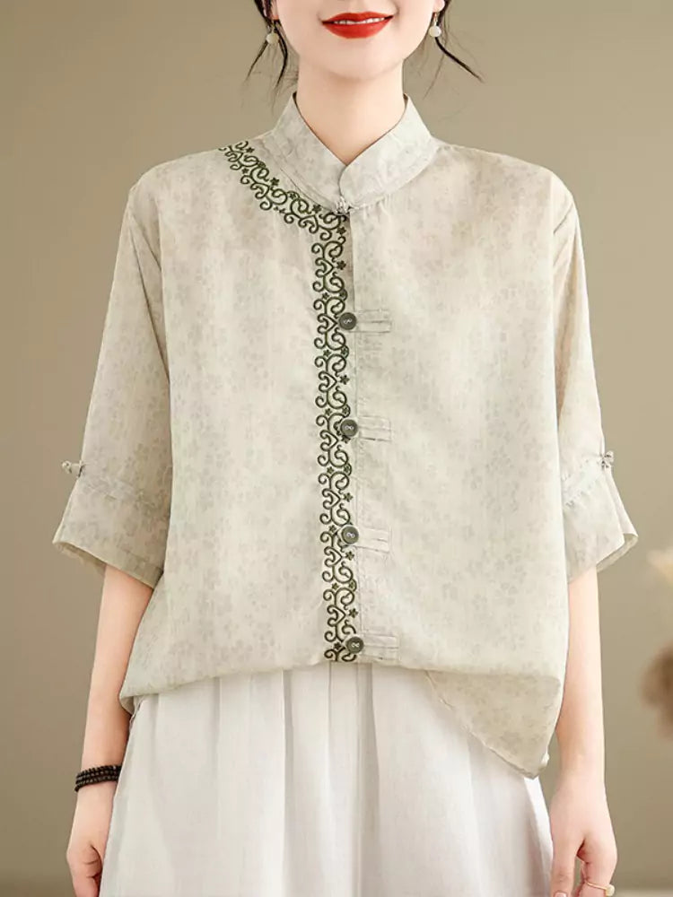 New Chinese Style Embroidered Stand Collar Lightweight Ramie Blouse for Women