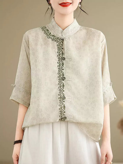 Neue, im chinesischen Stil gefertigte, bestickte Stehkragenbluse aus leichtem Ramie für Damen