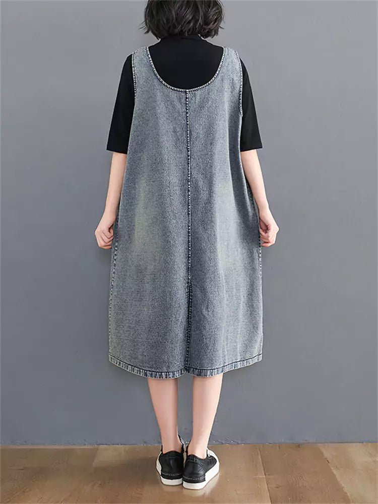 Vintage Loose Fit V-Neck Patchwork Washed Denim Vest Dress for Women