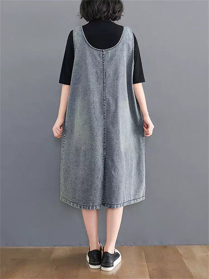 Vintage Loose Fit V-Neck Patchwork Washed Denim Vest Dress for Women