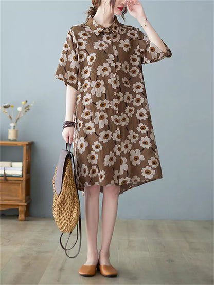 Summer Loose Fit Vintage Floral Short Sleeve Cotton Linen Shirt Dress