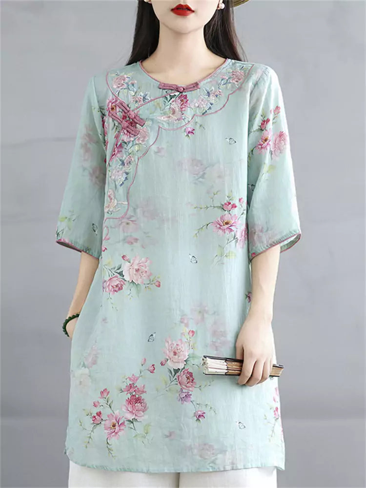 Chinese Style Embroidered Diagonal Placket Half Sleeve Zen-Inspired Ramie Shirt for Women